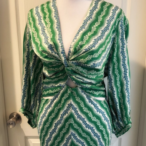 Sandro Agnetta Maxi Dress Cut Out Details 3/4 Sleeve Green Viscose Bias Cut - Picture 7 of 16
